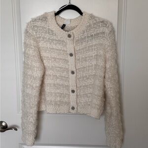 H&M Cream Textured Fuzzy Button-Up Cardigan